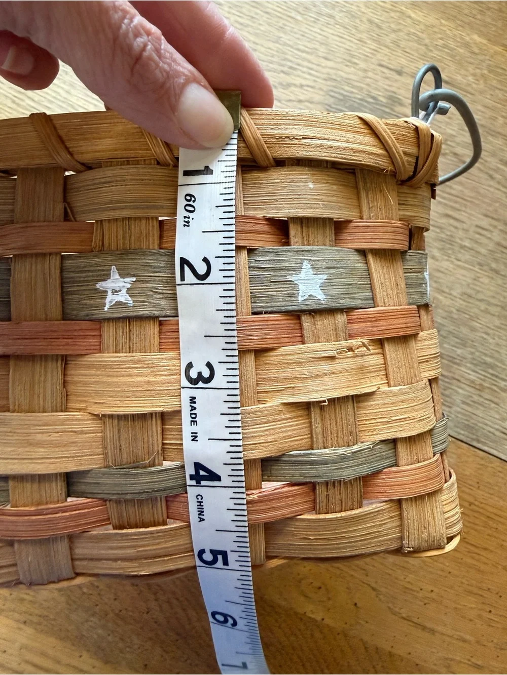 Vintage Heart Shaped Handwoven Basket w/ Wood Handle with painted stars